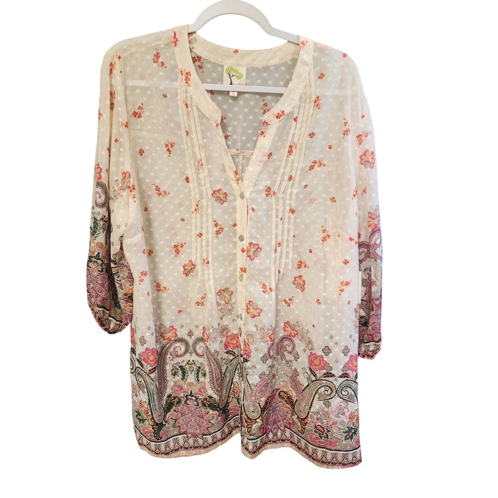 Anthropologie Fig and Flower 2X Boho Swiss Dot Paisley Floral Pleated Blouse NWT